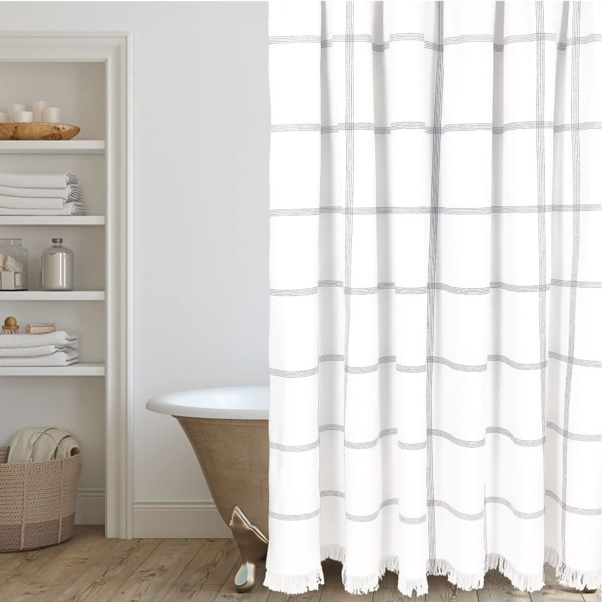 HALL PERRY Modern Farmhouse Tassel Shower Curtain 100 Cotton Striped Fabric Shower Curtain with Tassels for Bathroom Dcor Black 5 72x72
