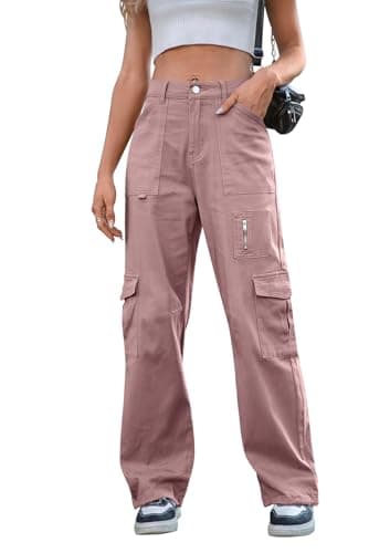 IVIR Pink Cargo Pants for Women Adjustable Waist Hiking Pants Trendy Clothes 7 Pockets Casual Combat Military Trouser Pink Small