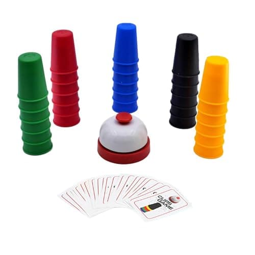 KRISMYA Quick Cups Games for KidsClassic Cup Game for ParentChild Interactive Stacking Cups Game with 24 Picture Cards 30 Cups 6 Sets of 5 Colors Each Bell Instructions