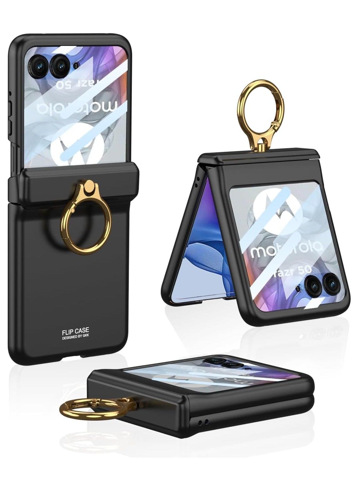 Motorola Razr 50 2024 Case with Hinge Protection Build-in Screen Protector Kickstand Ring Holder Anti-Scratches Hard PC Protective Case for Moto Razr 50
