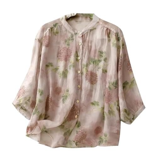 Gufrina Women’s Light Rose Floral Printed Button Down Shirt with Mandarin Collar and Relaxed Fit 3/4 Sleeves (Light Rose-M)