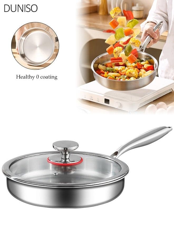Stainless Steel Frying Pan with Lid, 22cm Tri-Ply Deep Skillet Induction Compatible Cooking Pan Oven Safe, Nontoxic Cookware with Ergonomic Handle, Suitable for 2-3 People, Works on All Cooktops