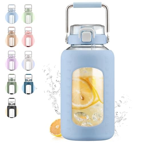 WINSA 84oz Glass Water Bottle with Stainless Steel Handle,2.5L Gallon Water Bottle with 2-IN-1 Straw Lid, Silicone Sleeve and Motivational Capacity Marker, Wide Mouth Water Jug For Gym, Workout, Blue