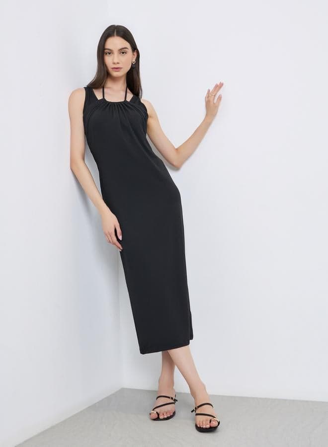 Take Two Black Fake Two-Piece Sleeveless Midi Dress