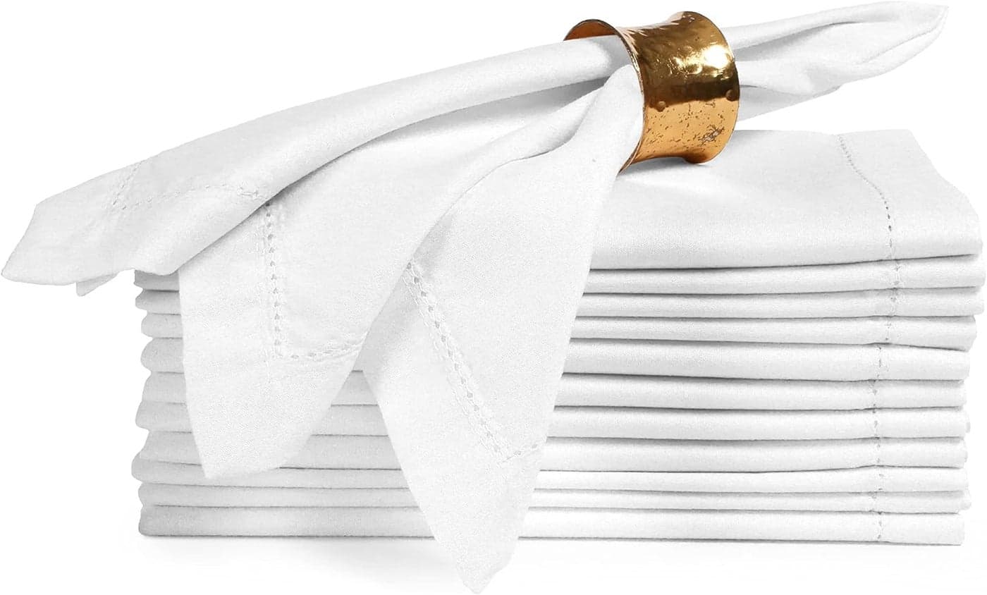 Ramanta Home Set of 12 Polyester Cloth Napkins 20x20 Inches Hemstitched Washable Dinner Napkins for Weddings Thanksgiving Hotel Soft Durable Table Linen for Parties or Everyday Use White
