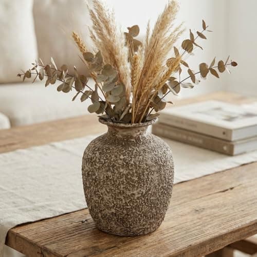 Wancetang Brown Ceramic Vase - 7 Inch Rustic Textured Vase for Flower, Terracotta Farmhouse Vases for Home Decor, Coffee Table, Artificial Branches, Night Stand Decor