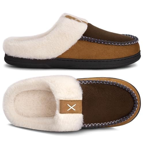 ATHMILE Slippers for Men Moccasins Memory Foam Fluffy Mens Slippers Slip on House Shoes Indoor Outdoor Plush Fleece Fuzzy Lined Home Non-Slip Rubber Sole Bedroom Brown Size 11-12