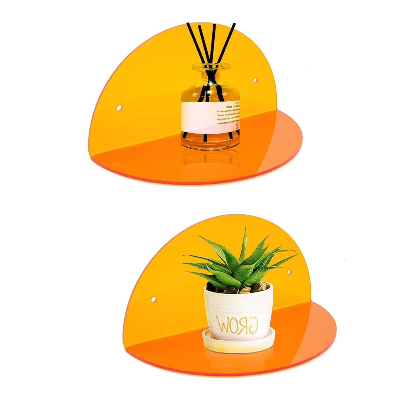 ROYALITA Small Acrylic Shelves Room Decor Floating Shelves 2Pack 8inch Diameter Wall Mounted Display Stand for Plants Toys Makeup and More Ideal for Home and Office Orange