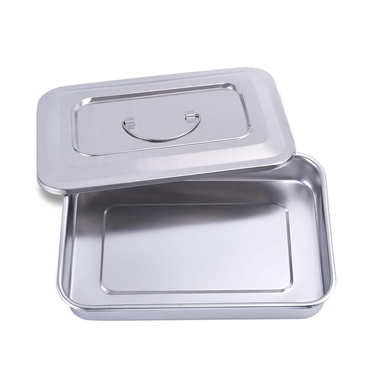 ANNWAH Medical Surgical Trays Stainless Steel Dental Instruments Tray Organizer Holder Sterilization Plate Trays boxs with Lid Handle Grip 2 Sizes