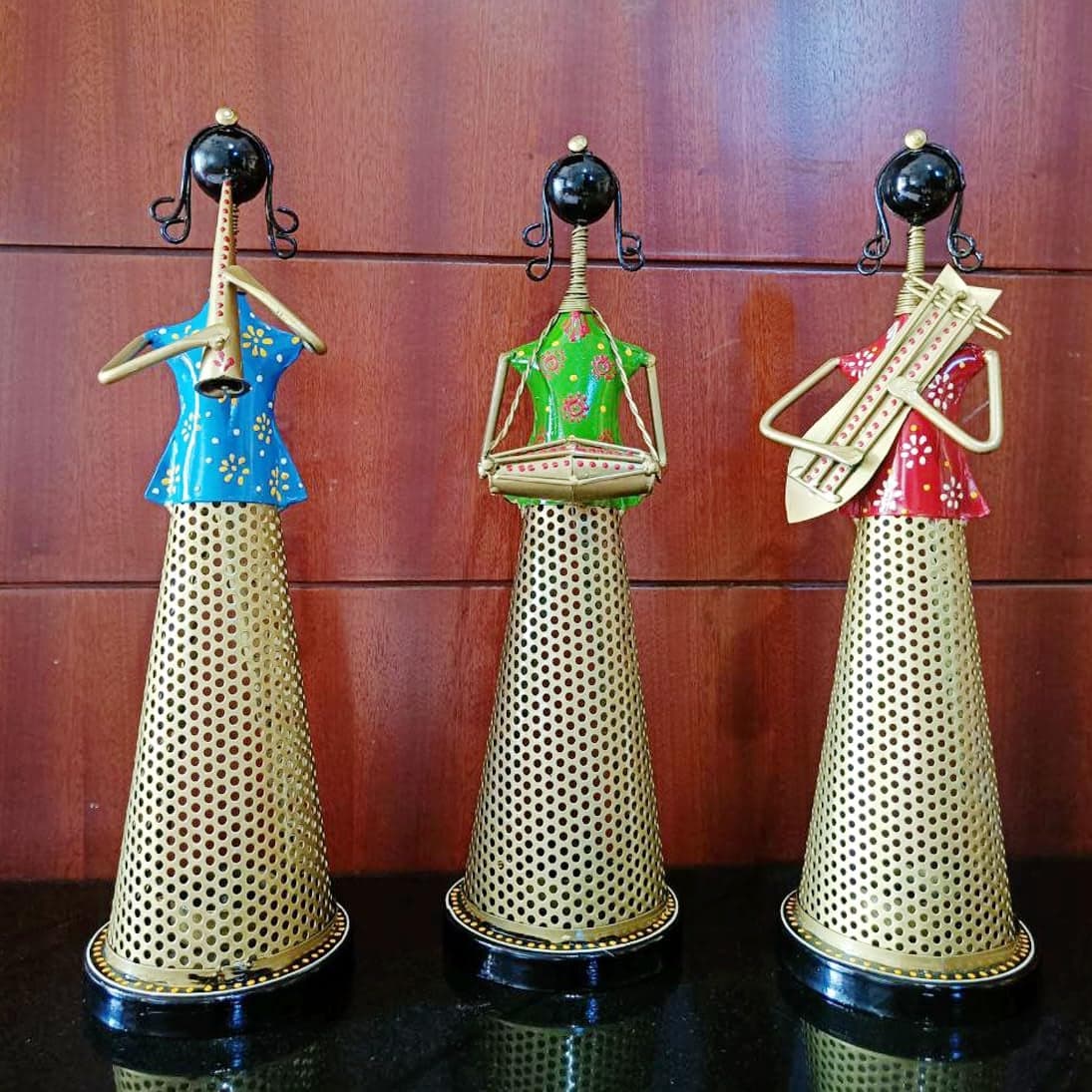 Rajasthan Traditional Standing Iron Lady Musicians Set of 3 Tealight Candle Holders Home Decorative Table Decor Set