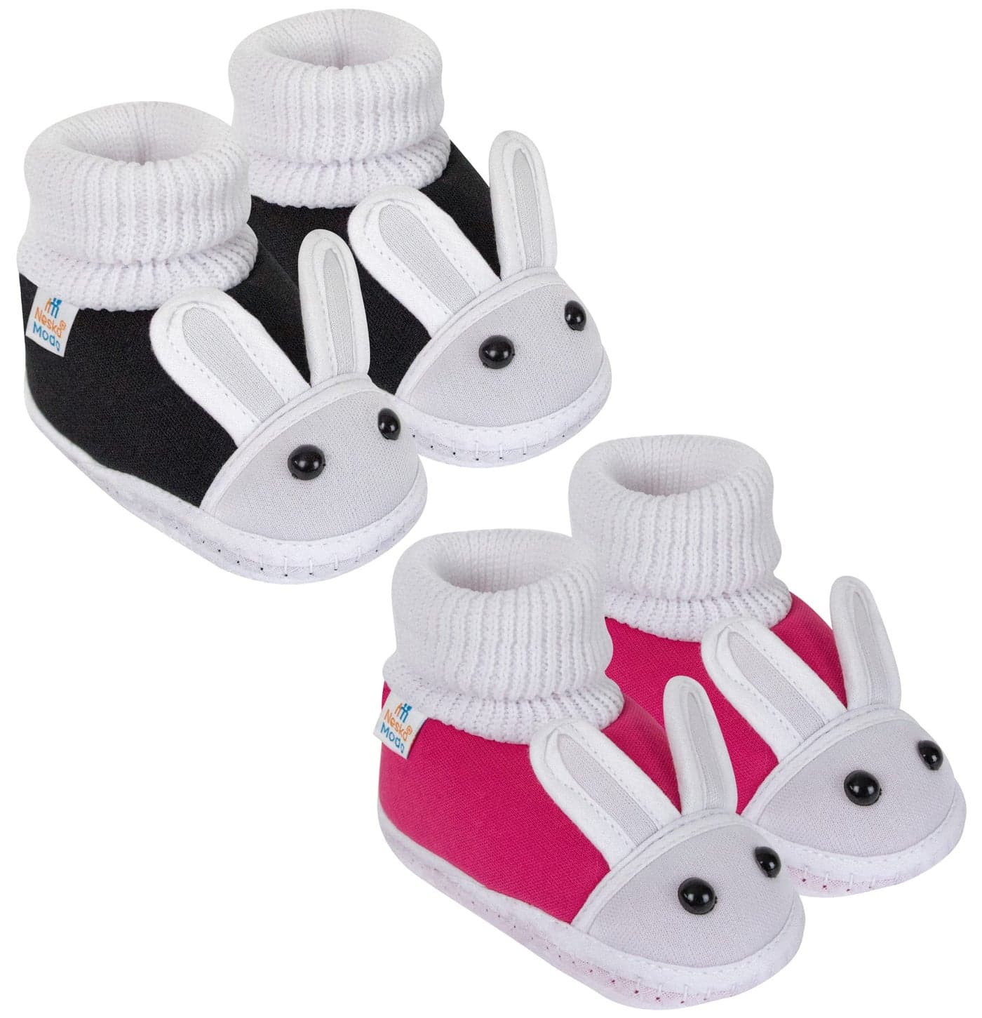 Neska Moda 12 To 18 Months Baby Boys & Girls Pack of 2 Pair Cotton Rabbit Face Slip On Baby Booties (Black, Pink)