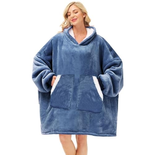 Kipswiza Oversized Wearable Blanket Hoodie Cozy Sherpa Hooded Blankets Sweatshirt as Gifts for Women Men Mom Daughter Dad with Big Pockets Denim Blue