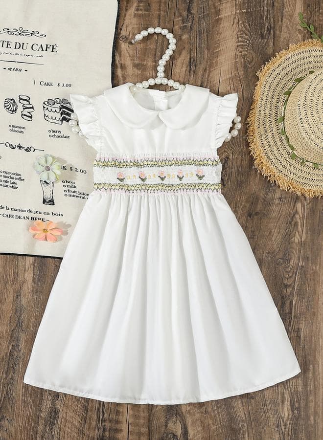 Girls White Ruffled Sleeve Embroidered Dress