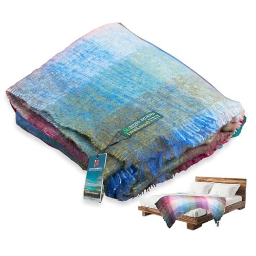 Genuine Irish Angora Mohair Wool Throw Blanket Imported from Ireland 72x54 Inches Traditional Celtic Style Super Soft Feel Warmth Plaid Multicolor