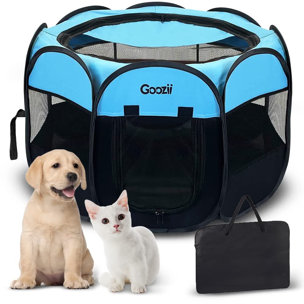 Goozii Dog Playpen for Large Dogs Portable Collapsible Indoor Outdoor Cat Pet Puppy Exercise Play Pen Tent Crate Cage with Zipper Door Top Cover Floor for Camping Large Size Blue