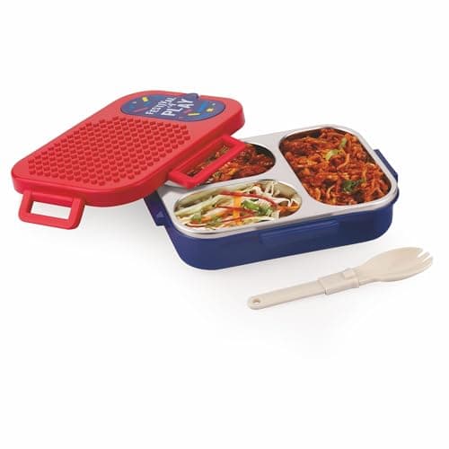 ATTRO Brike Mate Stainless Steel Lunch Box – 3 Compartments Bento Tiffin, Leak-Proof & Durable, Plastic Spoon, Ideal for Kids, School, Picnic – Red Blue – 600ml