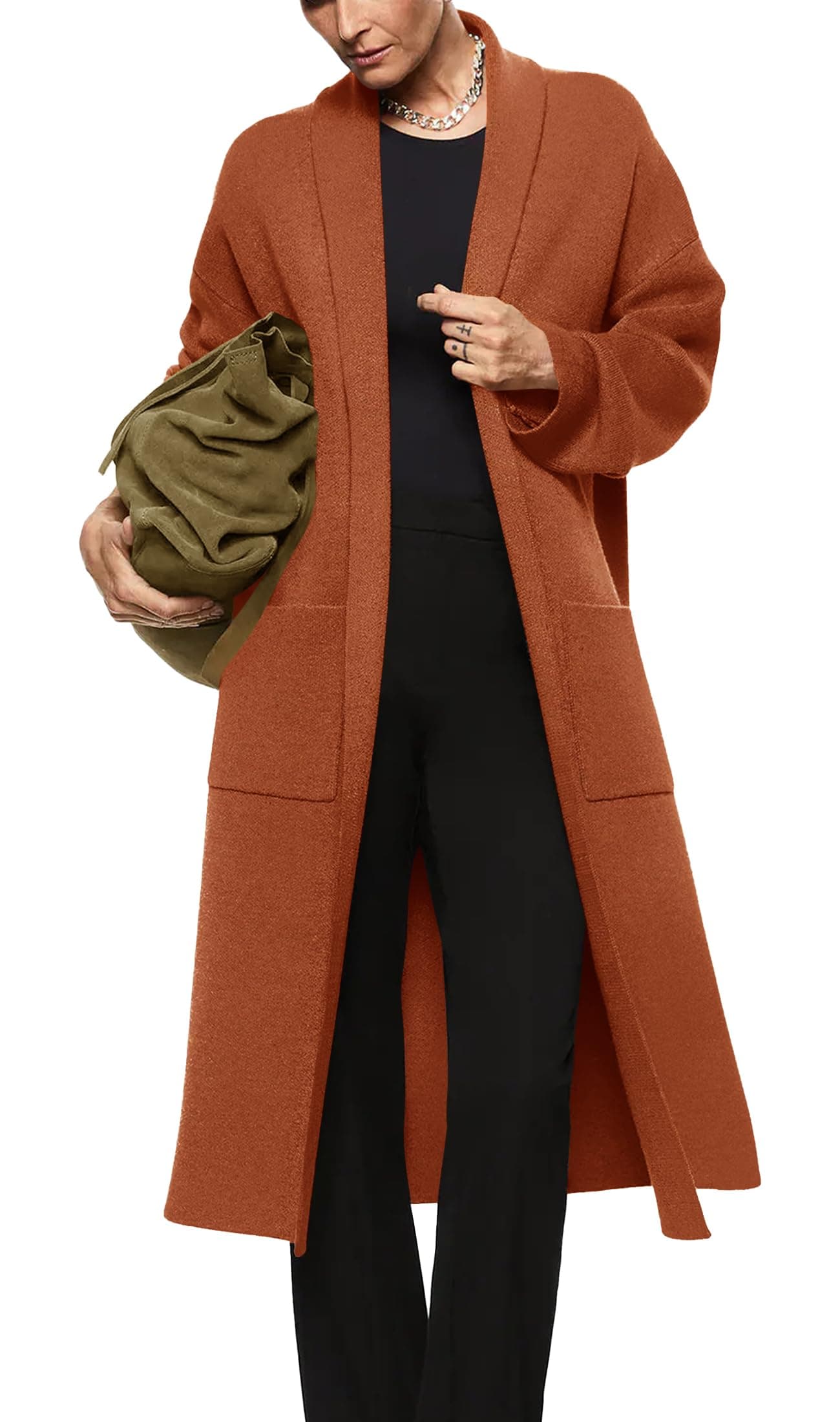 Womens Long Sleeve Maxi Cardigan Open Front Oversized Knitted Sweater Coat Casual Lapel Warm Overcoat with Pockets Orange Red