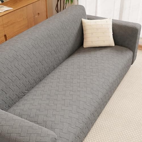 Lukzer 4 Seater Pastel Dark Grey Basket Weave Pattern Sofa Cover | 240 GSM Universal Stretch Fit Jacquard Fabric Couch Protector | Fully Covered Anti Slip & Washable Sofa Cover (230-300cm/SC-111-04)