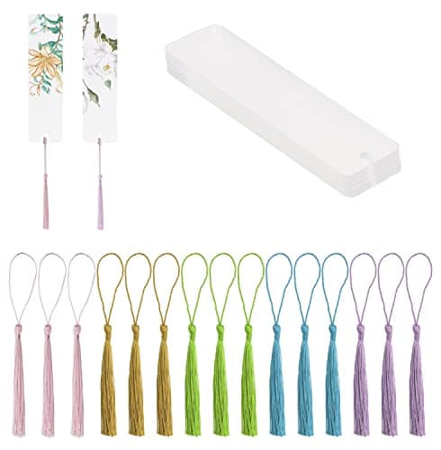 Clear Acrylic Bookmarks Penta Angel 15Pcs Rectangle Plastic Craft Transparent Blank Acrylic Book Markers with 15Pcs Small Bookmark Tassels for DIY Projects and Graduation Gift Tag (15)