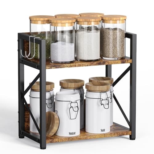 SpiceRackOrganizerShelf for Kitchen Counter 2 Tiers Coffee Bar Station Organizer for CountertopSpace Saving Desk Shelving Riser Unit Rustic Brown Small