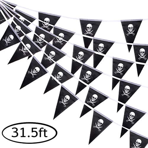 Whaline 315ft Halloween Jolly Roger Banner Skull Pirate Flags 30Pcs Triangle Flags Bunting for Halloween Party Pirate Party and Outdoor Decoration Vivid Color and UV Fade Resistant