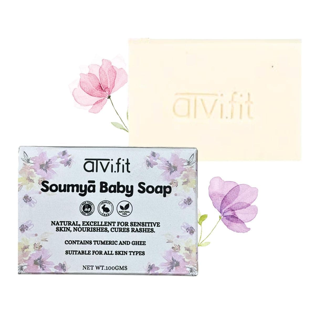 Atvifit soumya baby soap made with pure coconut oil and ghee enriched with ashwagandha and turmeric completely Natural Excellent for sensitive Skin Nourishes Pack of 1