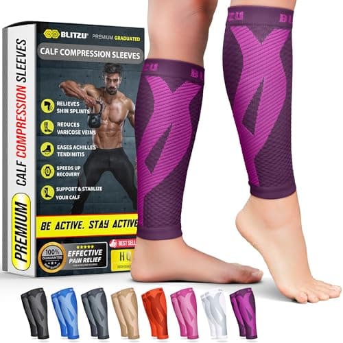 BLITZU Calf Compression Sleeve for Women and Men, Shin Splint Sleeves for Varicose Veins, Nursing, Pregnancy, Running, Footless Compression Socks Support for Calf Muscle Pain Relief Purple S-M