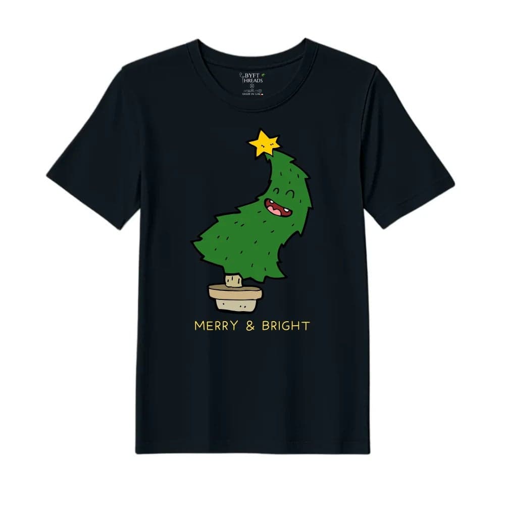 BYFT Threads XL Black Polycotton T-Shirt - Christmas "Merry & Bright" Printed Design, Premium Holiday Collection