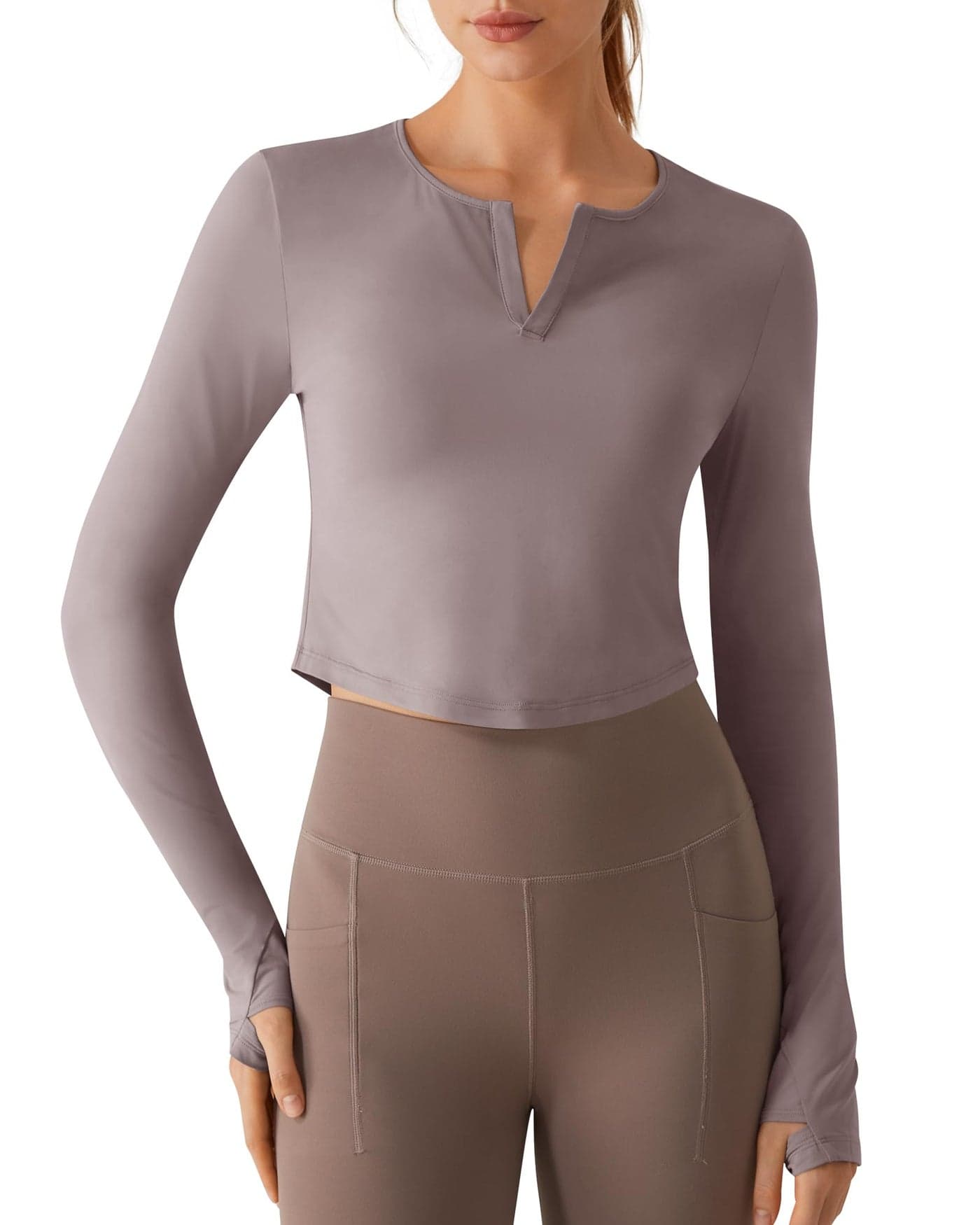 G4Free UPF 50+ Sun Shirt Crop Workout Tops for Women V Neck Straight Shoulder for Gym Sports Lightweight(Gray Lilac,M)