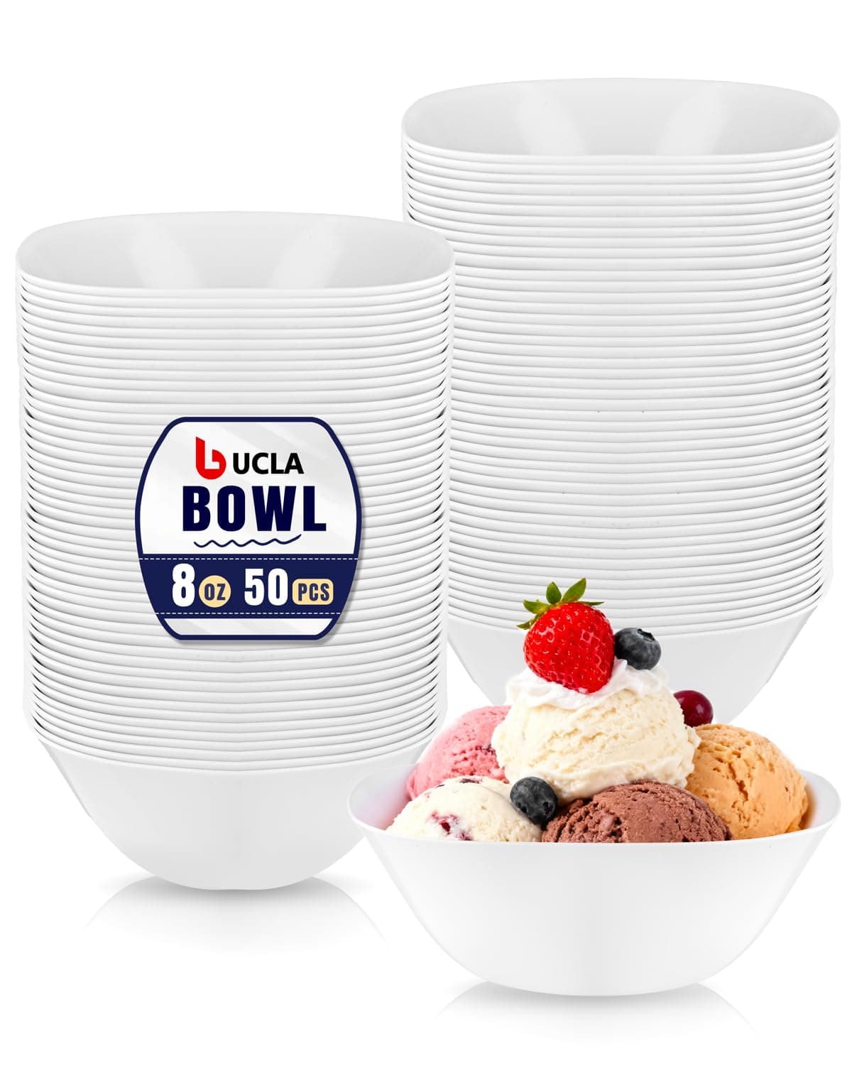 bUCLA 50Pack White Plastic Small Bowls - 8oz Disposable Ice Cream/Salsa/Dipping/Dessert/Sauce/Small Serving Bowls for Party