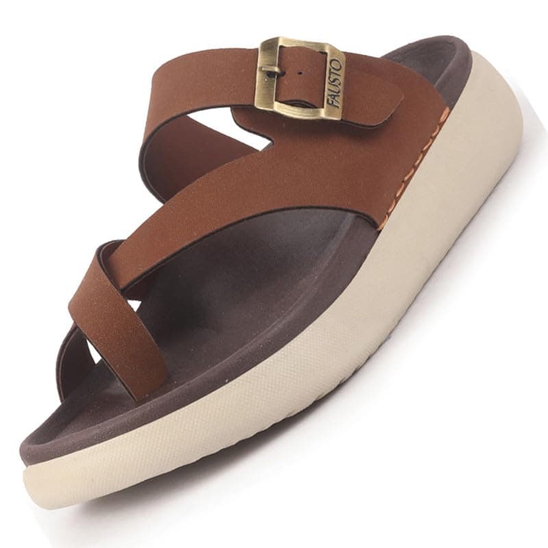 FAUSTO FST FOSMS-2187 TAN-41 Men Tan Toe Ring Criss Cross Buckle Strap Side Stitched Waterproof Summer Slip On Sandals|Comfort Sole|Lightweight Slippers for Rainy Monsoon Season (7 UK)
