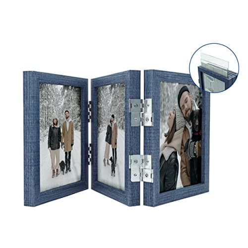 Coieaa 3 Picture Frame 5x7 Three Photo Collage Frame Hinged Triple Foldable Frame for Grandma Grandchildren Gift Tabletop Desk Double Side Display (Navy Blue)
