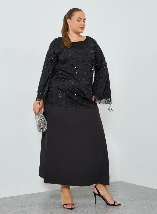 Plus Size Black Sequin Long Sleeves A-Line Maxi Dress