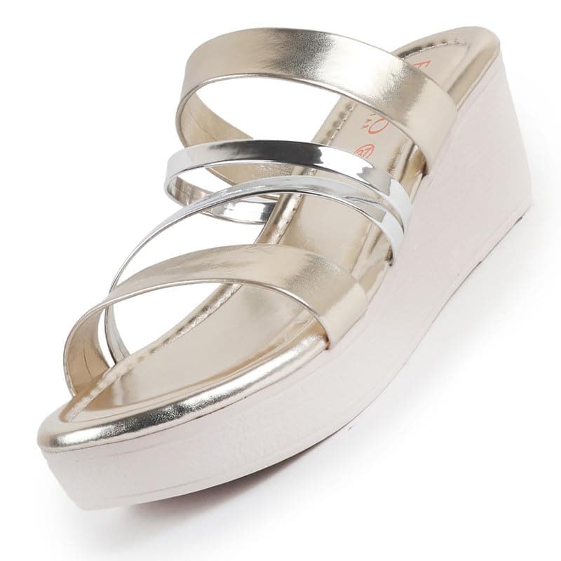 FAUSTO FST KI-804 GOLDEN-38 Women's Golden Glossy Open Toe Multi Strap Wedge Heel Wedding Ethnic Sandals|Slippers for Party|Festive|Height Enhancer Sandal (5 UK)