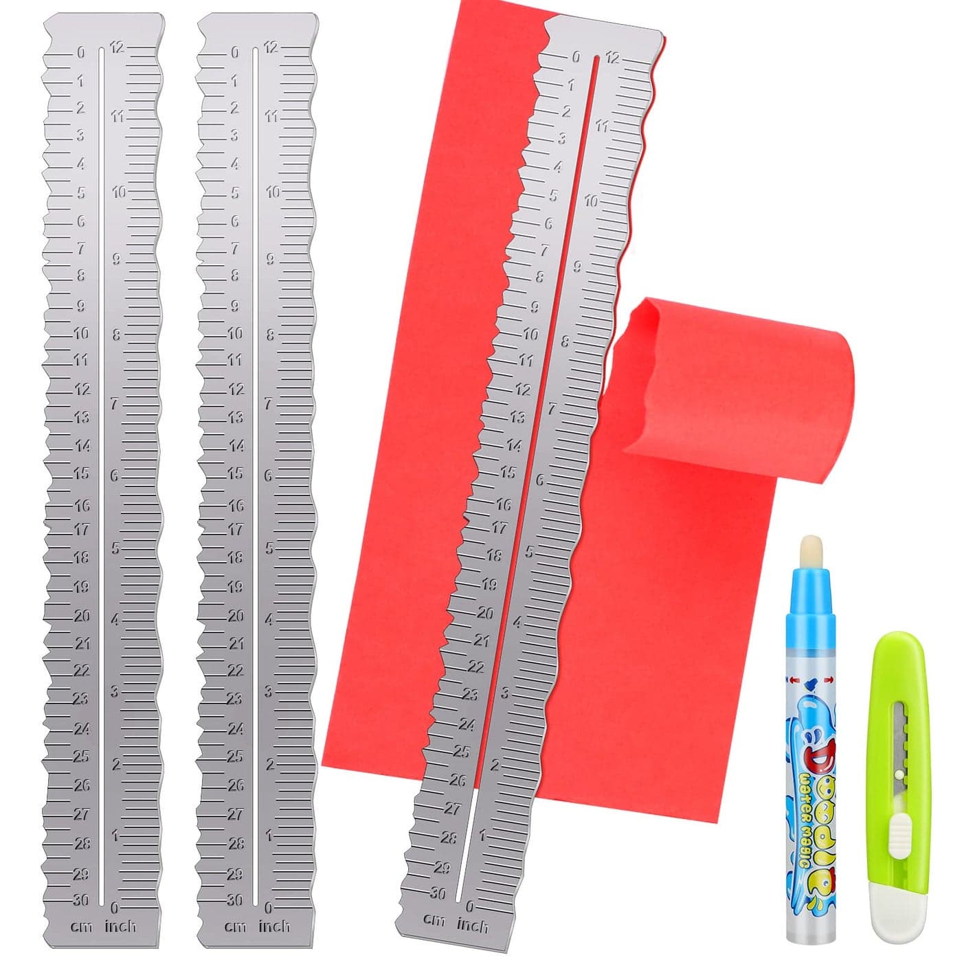Geyee 3 Pcs Deckle Edge Ruler Tearing Ruler for Paper Crafts Metal Dual Stainless Steel 12 Inch Paper Cut Tool Irregular Edges Measuring Tool with Water Pen for School Scrapbook
