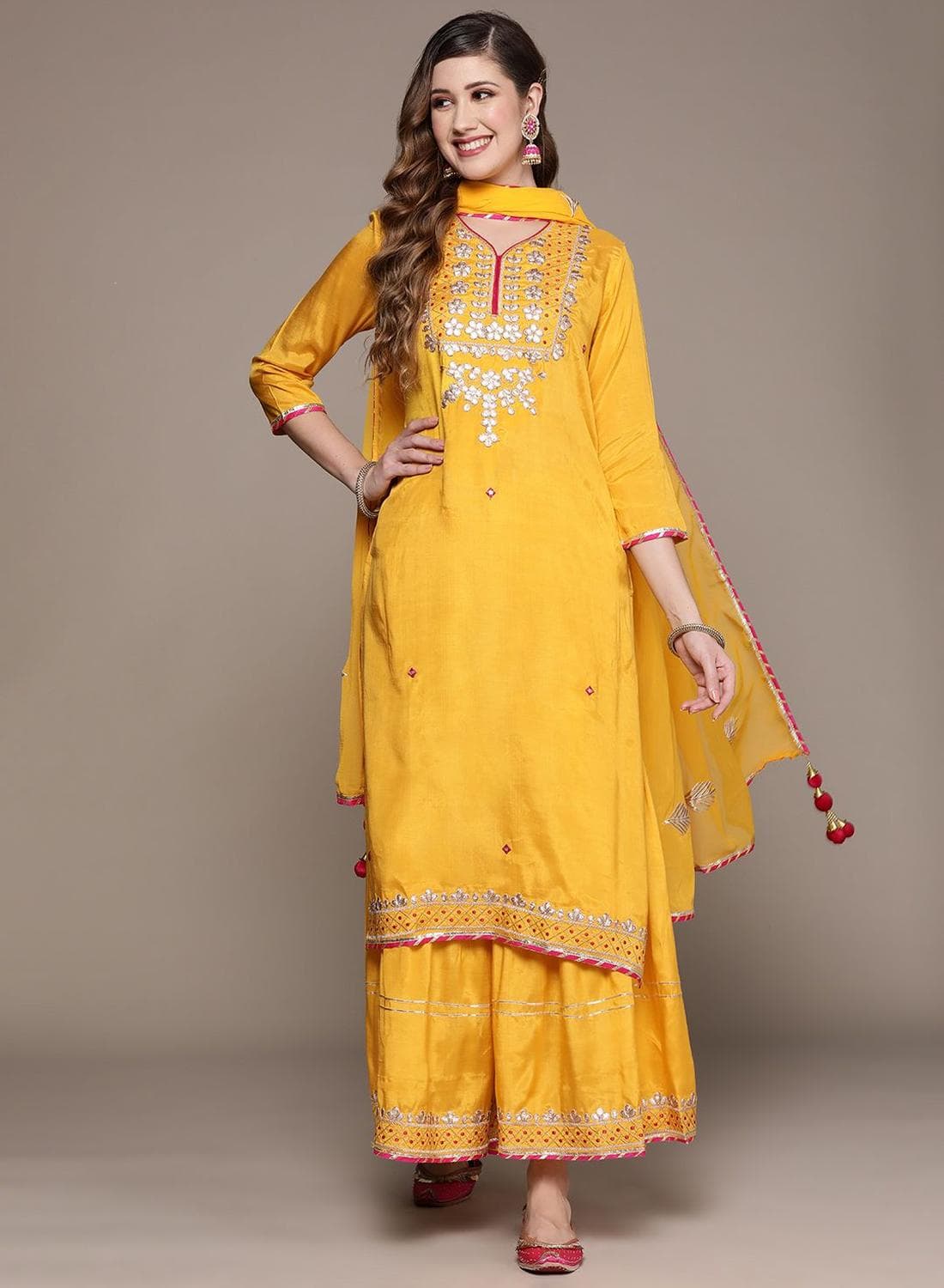 Women'S Yellow 100% Cotton Self Design Full Length Palazzo Kurta Set