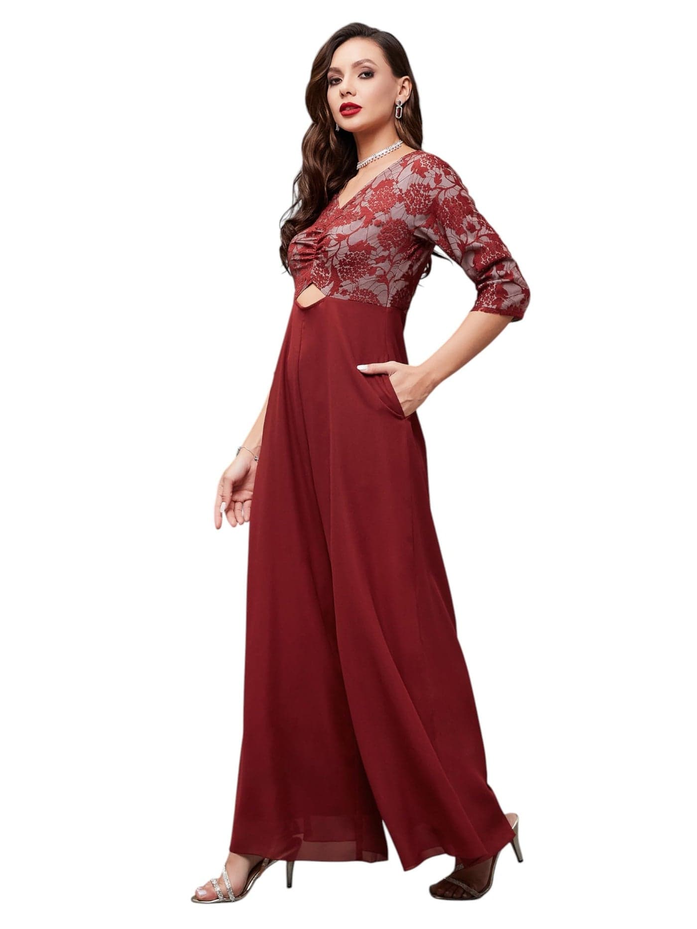 Miss Chase Women's V-Neck Full Sleeve Self Design Cut-Out Georgette Jumpsuit (MCSS23D15-69-143-03, Maroon, S)