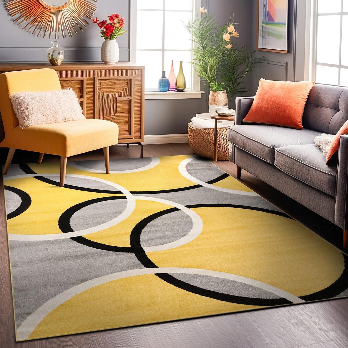 Rugshop Contemporary Abstract Circles Easy Maintenance for Home OfficeLiving RoomBedroomKitchen Soft Area Rug 5 3 x 7 3 Yellow