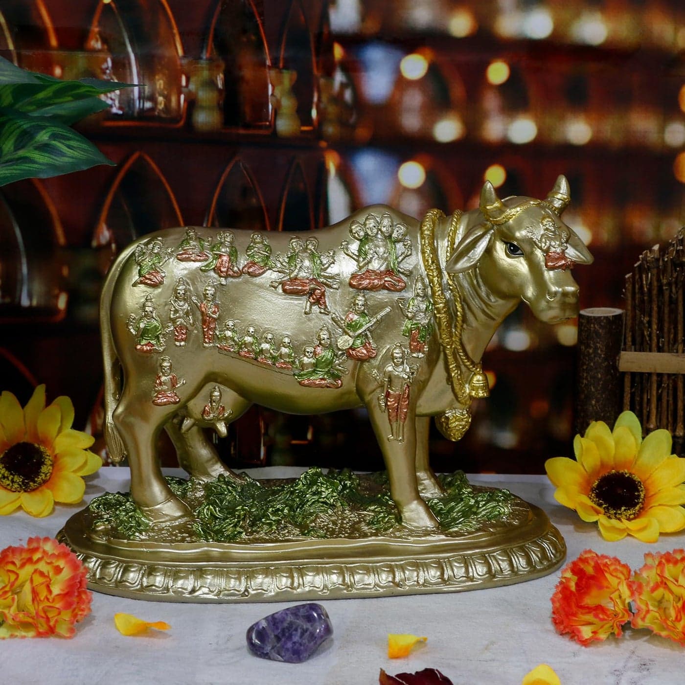Hindu God Kamadhenu Cow Statue Hinduism Diwali Gifts Home Office Mandir Altar Shrie Pooja Item Spiritural Ornament for Yoga Room WishFulfilling Cow Sculpture Indian Wedding Return Gifts Pooja Item