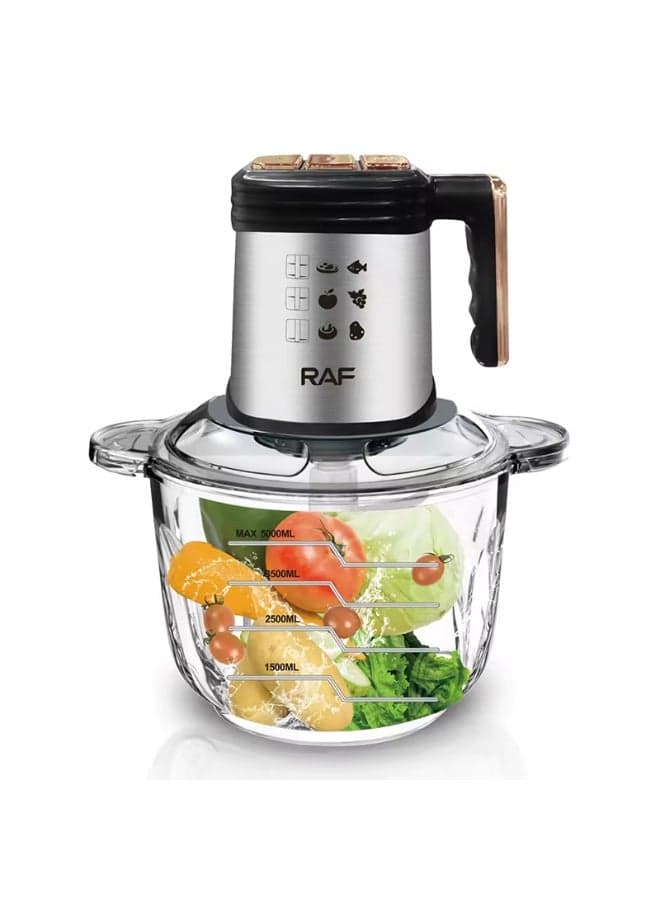 RAF 5L Large Capacity Electric Food Processor 500W Multifunction Vegetable Chopper Meat Grinder Powerful and efficient processor built for fast food preparation. Large bowl allows processing bigger quantities at once. Five spiral blades provide precise cutting. Perfect for everyday kitchen tasks and