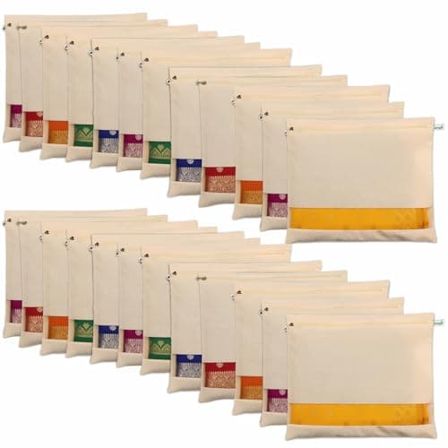 JD FRESH 24 Pcs Cotton Saree Bags/Covers For Storage (16 X 14 Inches) With Zip Closure For Clothes Bags And Wardrobe Organizer With Transparent Mesh Window (Off White)