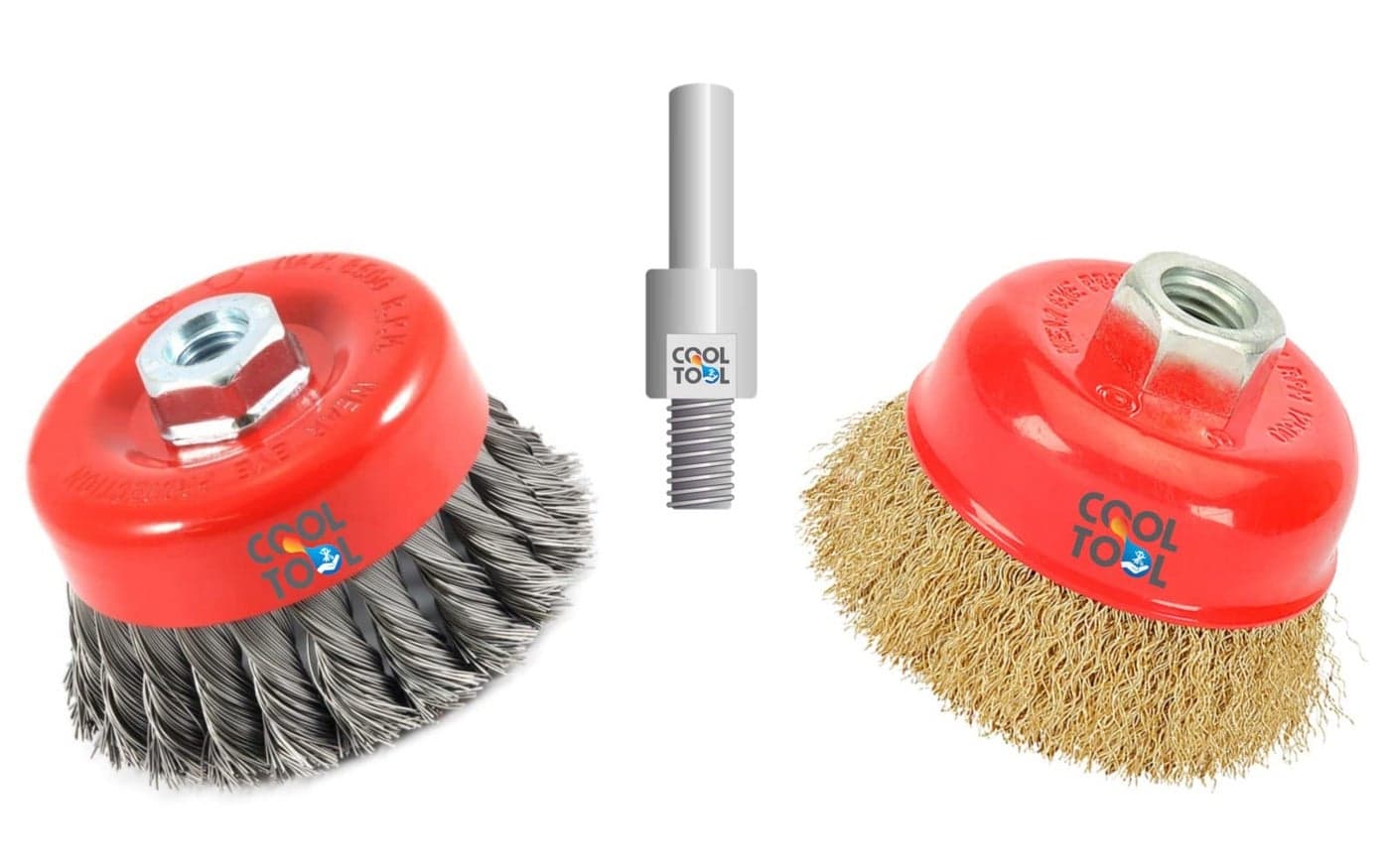 CoolTool Steel Twisted Cup Brush (3 inch), Brass Circle Wire Brush (3 inch) and Drill Attachment (M10) Combo for Removing Rust, Paint, Stains, Stubborn dirts, polishing (Red)