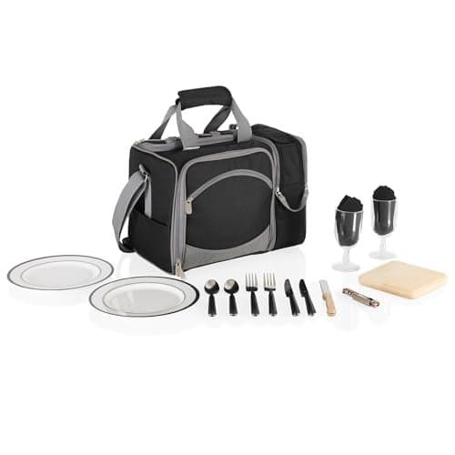 PICNIC TIME Malibu Cooler Picnic Basket Insulated Cooler Tote with Picnic Set Black with Gray Accents
