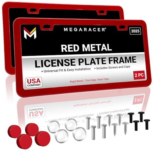 Premium Slim Red License Plate Frames – 2 Pack, Rust-Free Stainless Steel, Street Legal & Rattle-Free, Universal Fit with Screw Caps, Sleek Thin Metal Front & Rear Car Tag Holders for Men & Women