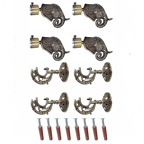 GLOXY Aluminium Rajwada Elephant Shape Antique Curtain Brackets with Support 1 Inch Rod Pocket Finials Designer Window(2 Pair) - Stylish, Durable Window Decor Solution for Elegant Home Interiors