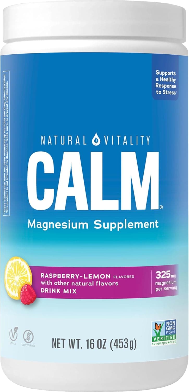 Natural Vitality Calm Magnesium Citrate Supplement AntiStress Drink Mix Powder Gluten Free Vegan NonGMO Raspberry Lemon 16 oz