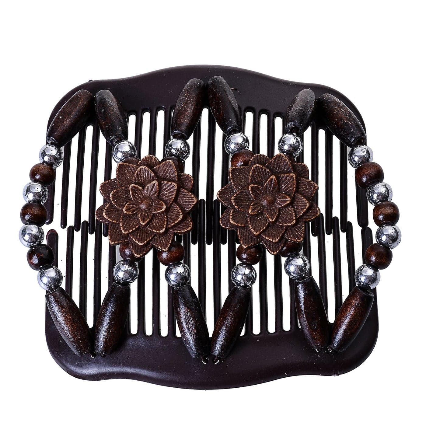 LOVEF Women Magic Hair Combs Wood Beaded Stretch Double Side Combs Clips Bun Maker Hair Accessories Coffee