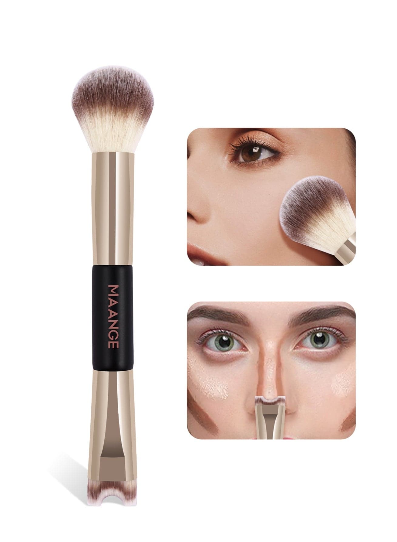 Foundation Brush Double Ended Angled Round Contour Brush Powder Liquid Cream Concealer Blush Brush (Gold)