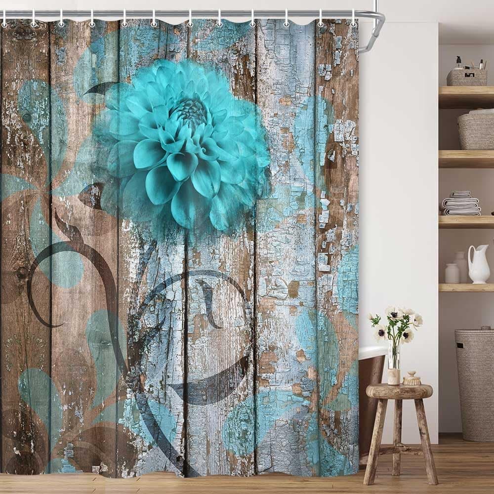 JAWO Farmhouse Flower Floral Shower Curtain Rustic Teal Turquoise Dahlia Shower Curtain Set Country Blue Wild Garden Plant Fabric Shower Curtain with Hooks Surreal Bathroom Curtain 69x70inch