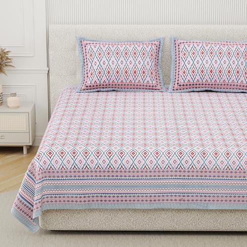 DE CAMA Since 1997 | 100% Cotton 300 TC Premium King Size Bedsheet for Double Bed (90 x 108 Inch) with 2 Pillow Covers Set (17 x 27 Inch) Designer Printed Bedsheet Set - Ikat Lavender